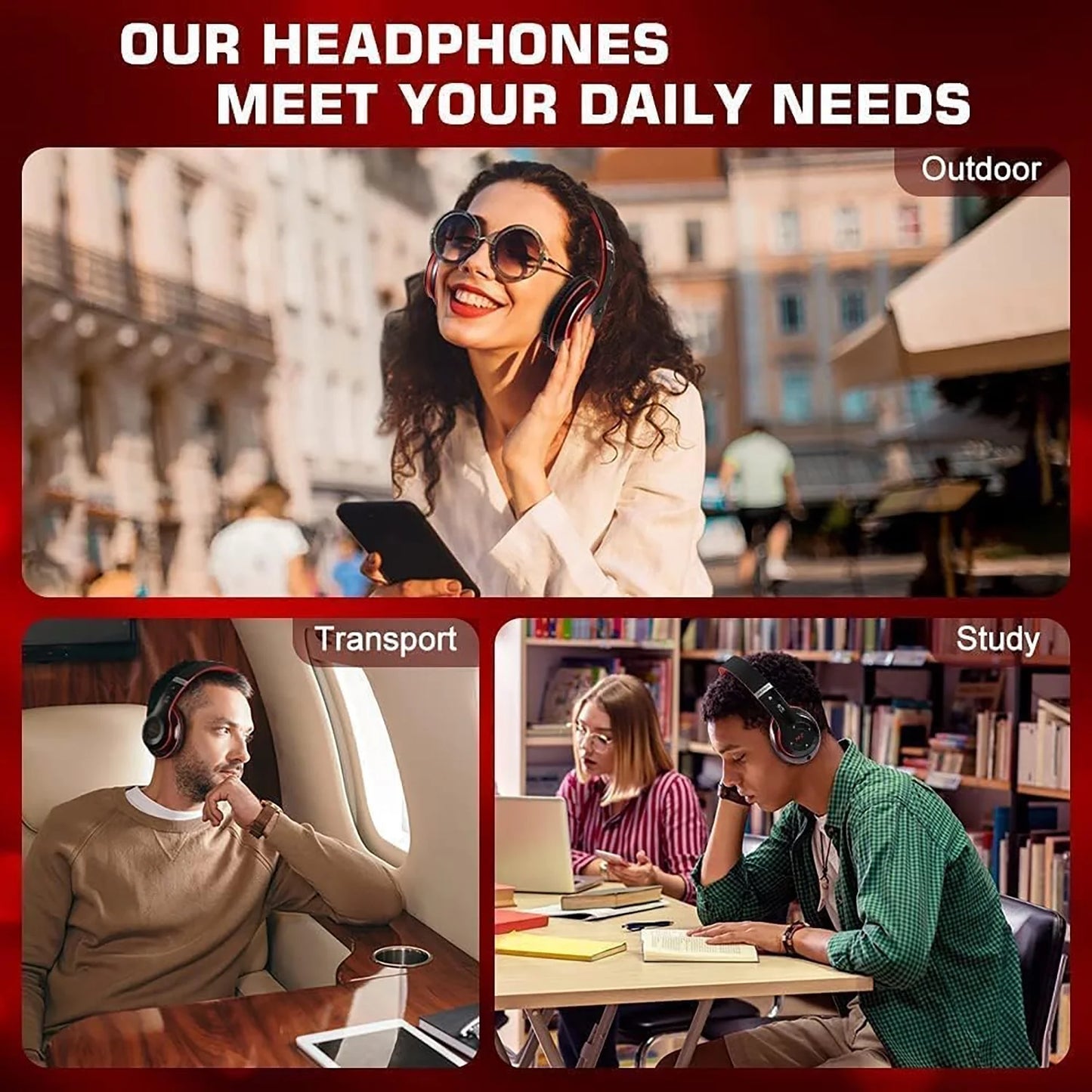 Bluetooth Headphones over Ear, Wireless Headphones Wired with 6 EQ Modes, 40 Hours Playtime Foldable Hifi Stereo Headset with Microphone, FM/TF for Cellphone/Pc/Work (Black & Blue)