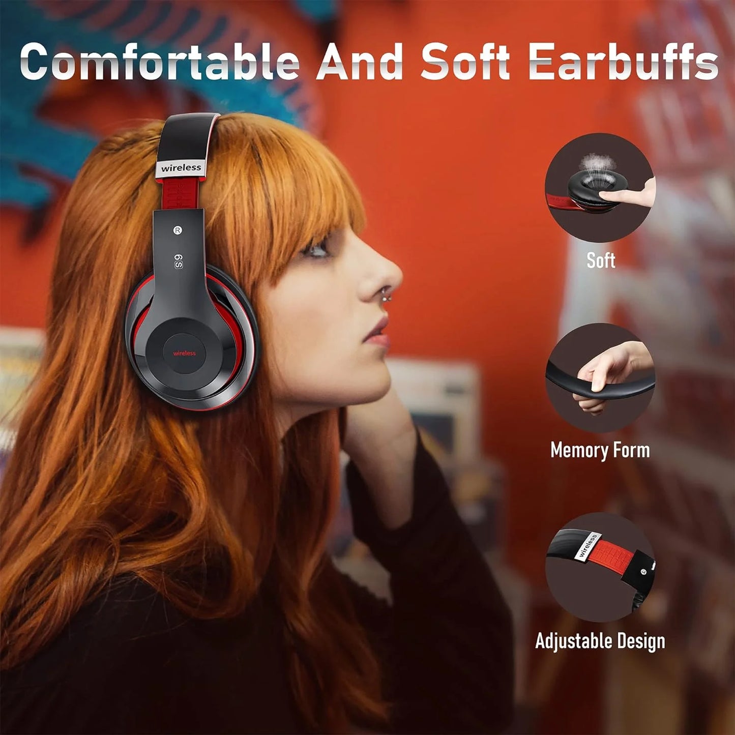 Bluetooth Headphones over Ear, Wireless Headphones Wired with 6 EQ Modes, 40 Hours Playtime Foldable Hifi Stereo Headset with Microphone, FM/TF for Cellphone/Pc/Work (Black & Blue)