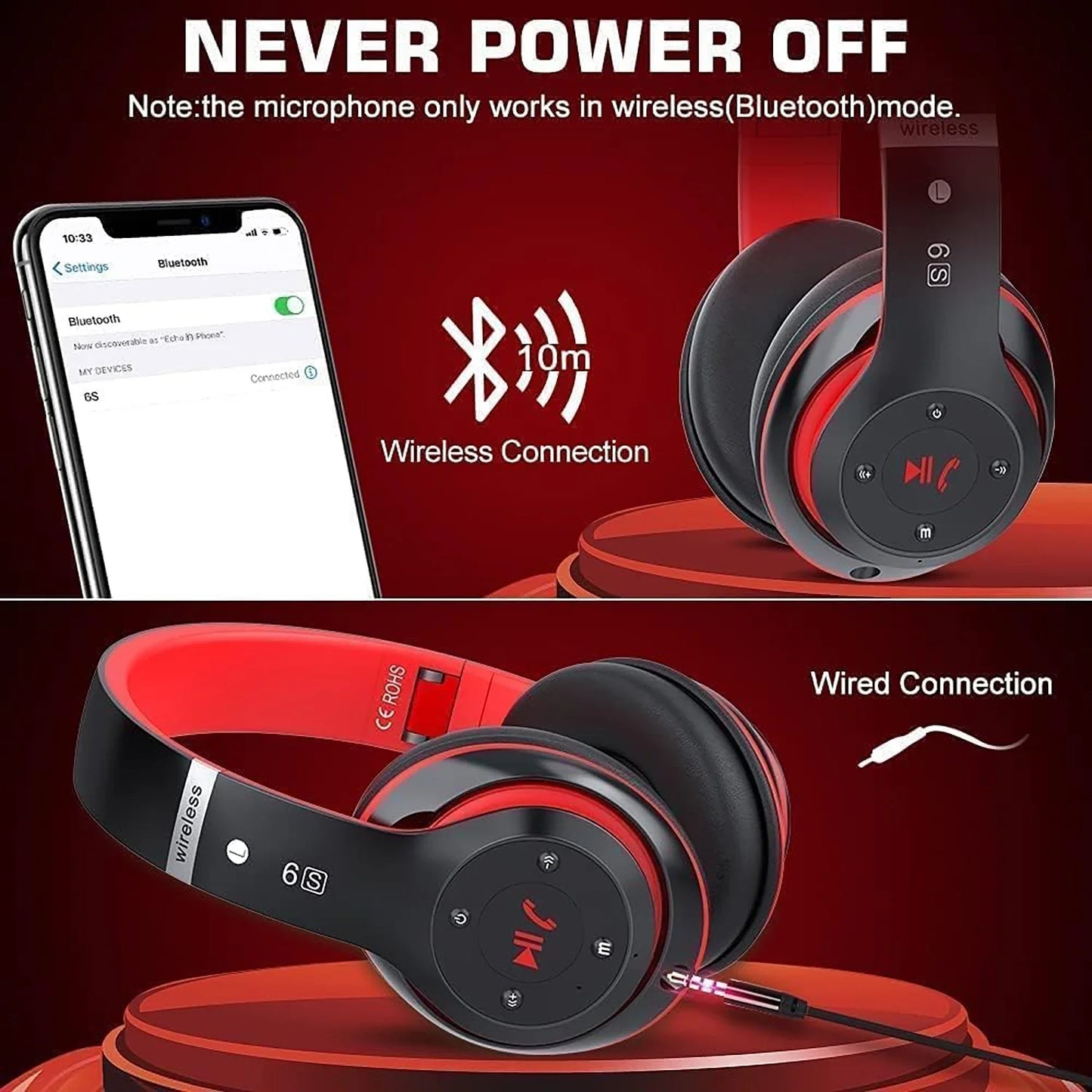 Bluetooth Headphones over Ear, Wireless Headphones Wired with 6 EQ Modes, 40 Hours Playtime Foldable Hifi Stereo Headset with Microphone, FM/TF for Cellphone/Pc/Work (Black & Blue)