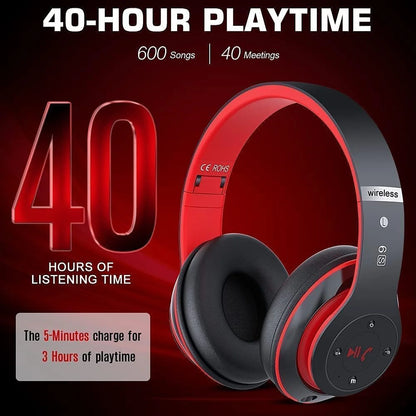 Bluetooth Headphones over Ear, Wireless Headphones Wired with 6 EQ Modes, 40 Hours Playtime Foldable Hifi Stereo Headset with Microphone, FM/TF for Cellphone/Pc/Work (Black & Blue)
